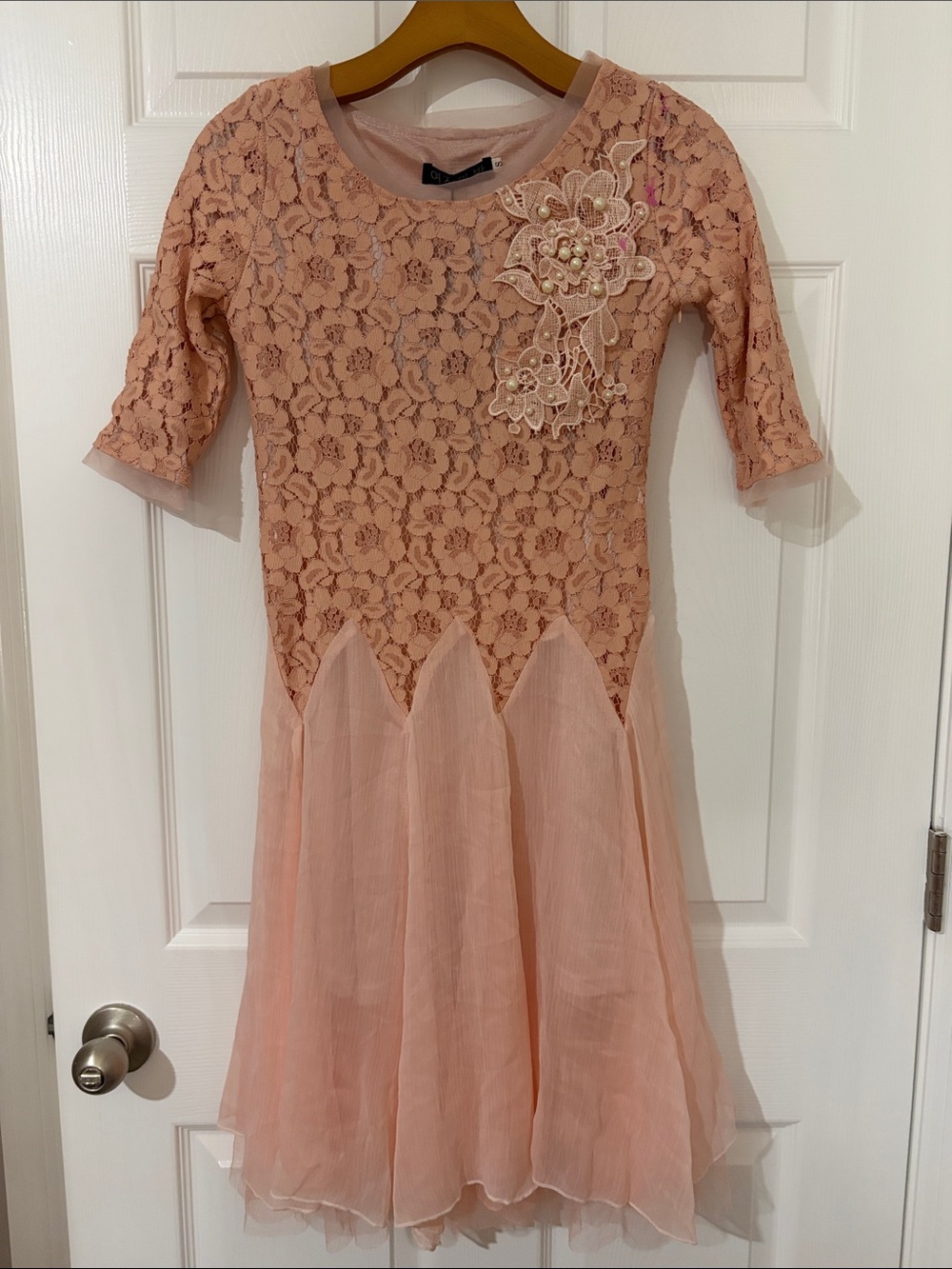 NWT Blush Pink Lace Dress Pearl Floral Appliqué Fit & Flair Romantic Size S
